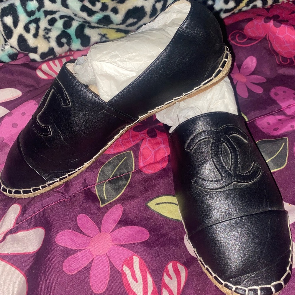 CHANEL Black Leather Espadrilles